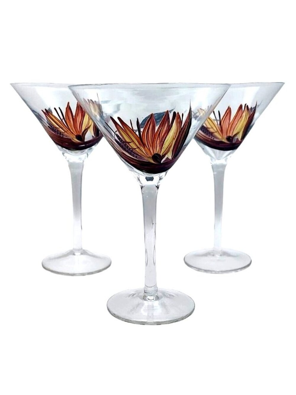 Hand Painted Martini Cocktail Glasses Set of 3 Botanical Floral Barware Vintage